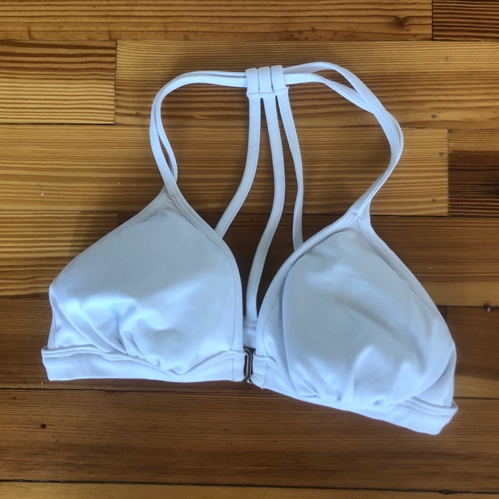 White sports bra with clasp in front